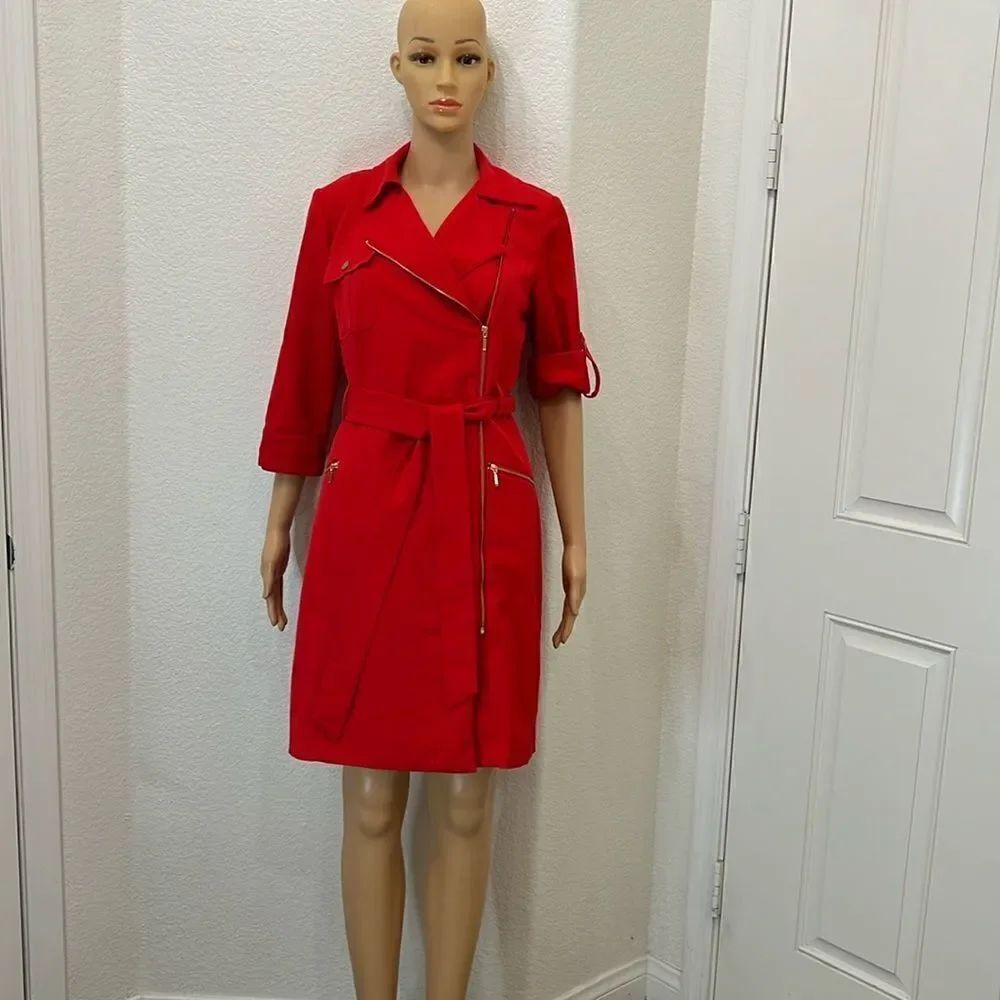 Sharagano Women’s Dress Sz 4 VNeck Zipper Front 3/4 Or Rolled Sleeve Belted Midi